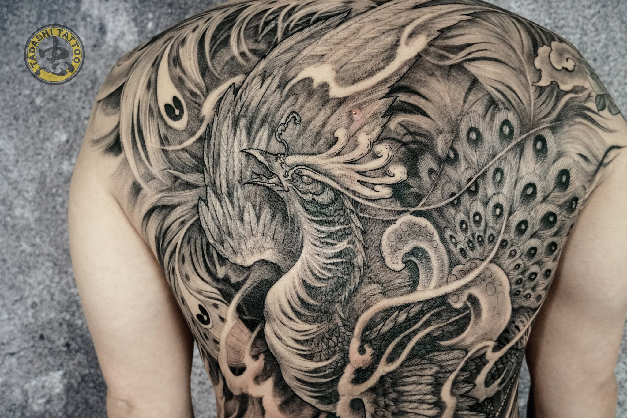 Hình xăm Phượng Hoàng kín lưng cho nam mệnh Kim Canh Thìn