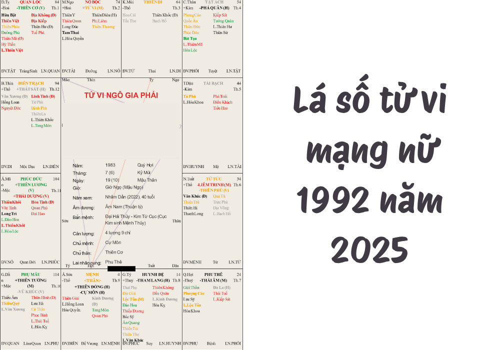 Lá số tử vi mạng nữ Nhâm Thân 1992 trong năm 2025