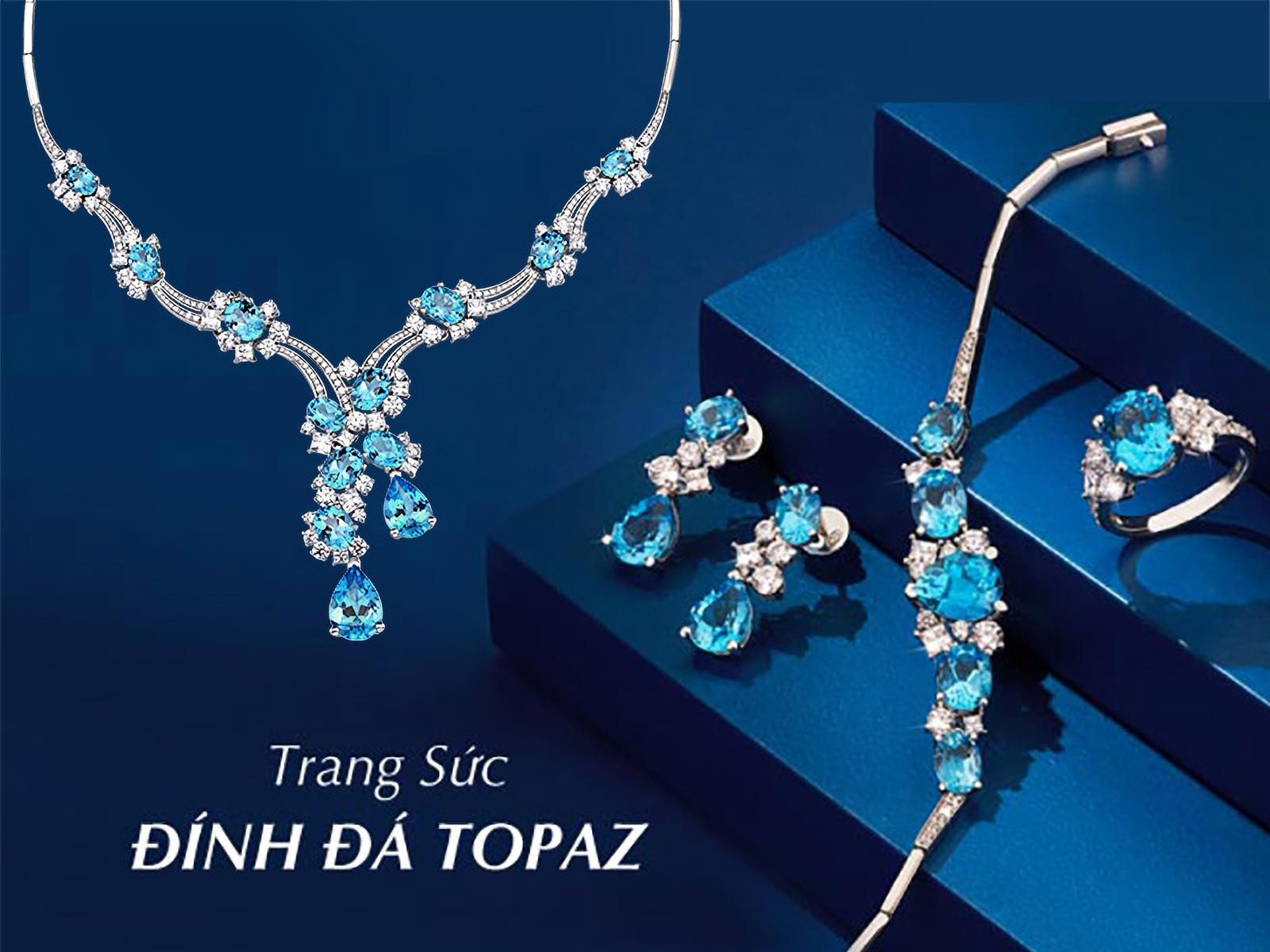 Bộ trang sức đá Topaz màu xanh thuộc hành Thủy tương sinh với mệnh Kim