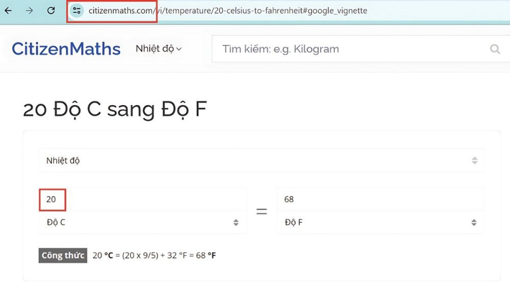 Giao diện công cụ trực tuyến CitizenMaths hỗ trợ chuyển đổi độ C sang độ F