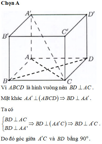 Lời giải minh họa cho việc tìm góc giữa hai đường thẳng A'C và BD
