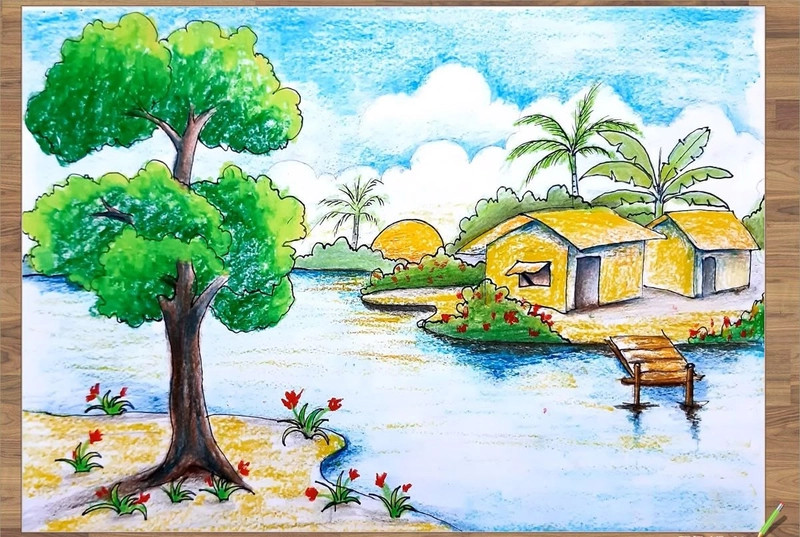 Bức tranh phong cảnh đơn giản với ngôi nhà, cây cối và mặt trời