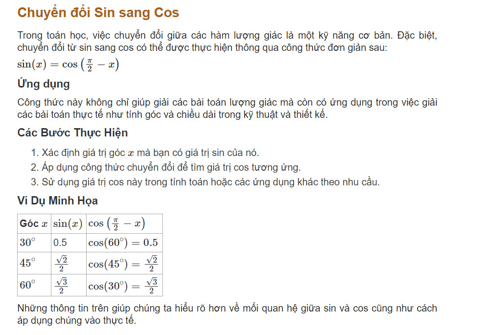 Giao diện trang hỏi đáp VietJack về chuyển đổi sin sang cos