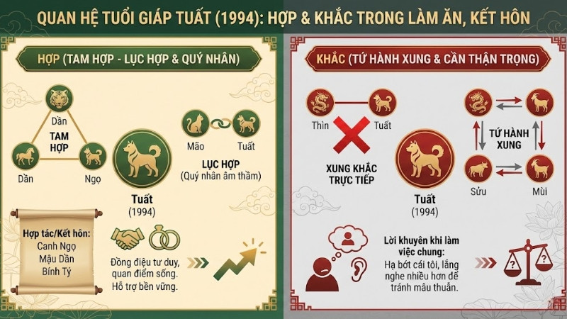 Tuổi hợp với Giáp Tuất: Ngọ (Ngựa), Dần (Hổ), Mão (Mèo)