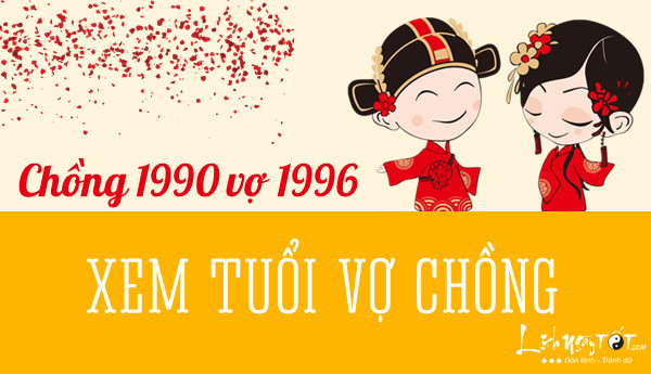 Mô tả ảnh: Bức tranh phong thủy minh họa cặp đôi tuổi Canh Ngọ 1990 và Bính Tý 1996 với các yếu tố ngũ hành