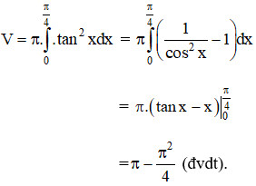 Công thức tính thể tích khối tròn xoay V = π ∫(tanx)^2 dx từ 0 đến π/4