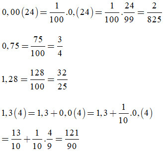 Hình ảnh minh họa cách viết các số hữu tỉ dưới dạng phân số, bao gồm số thập phân hữu hạn và vô hạn tuần hoàn