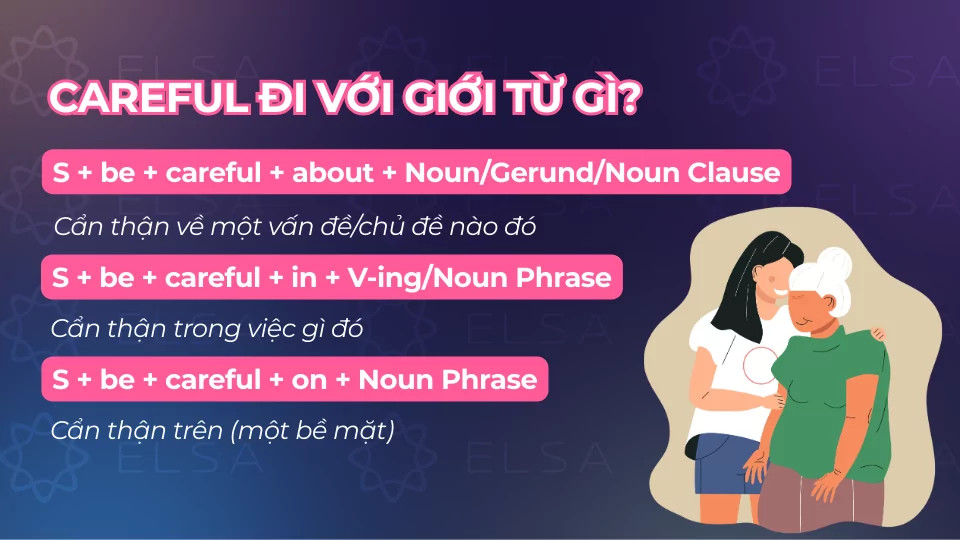 Cấu trúc careful đi với giới từ about, in, on